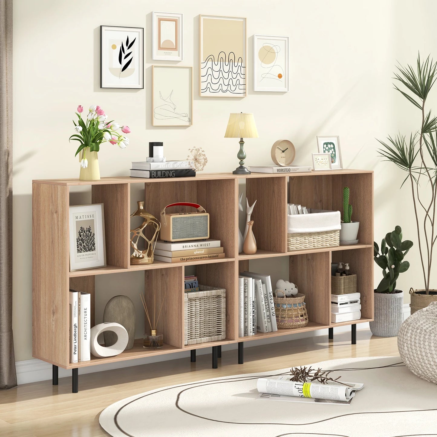 HOMASIS Open Shelf Bookcase Midcentury Modern Cube Storage Four Compartments