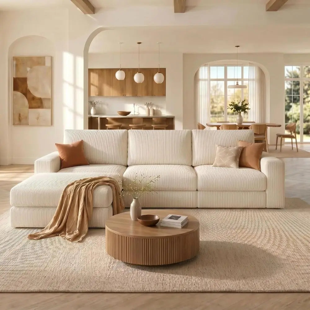 Corduroy L Shaped Chaise Sectional Sofa With Deep Seat