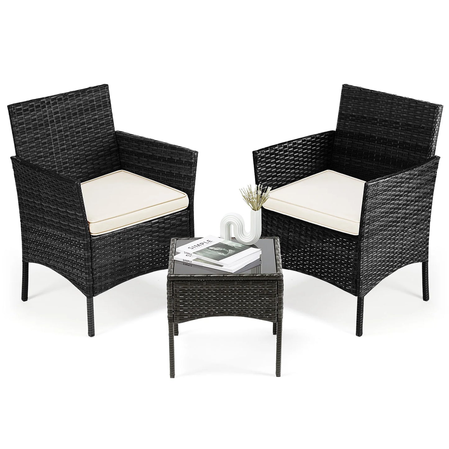 JHK 3-Piece Outdoor Rattan Patio Set With Glass Table Cushions