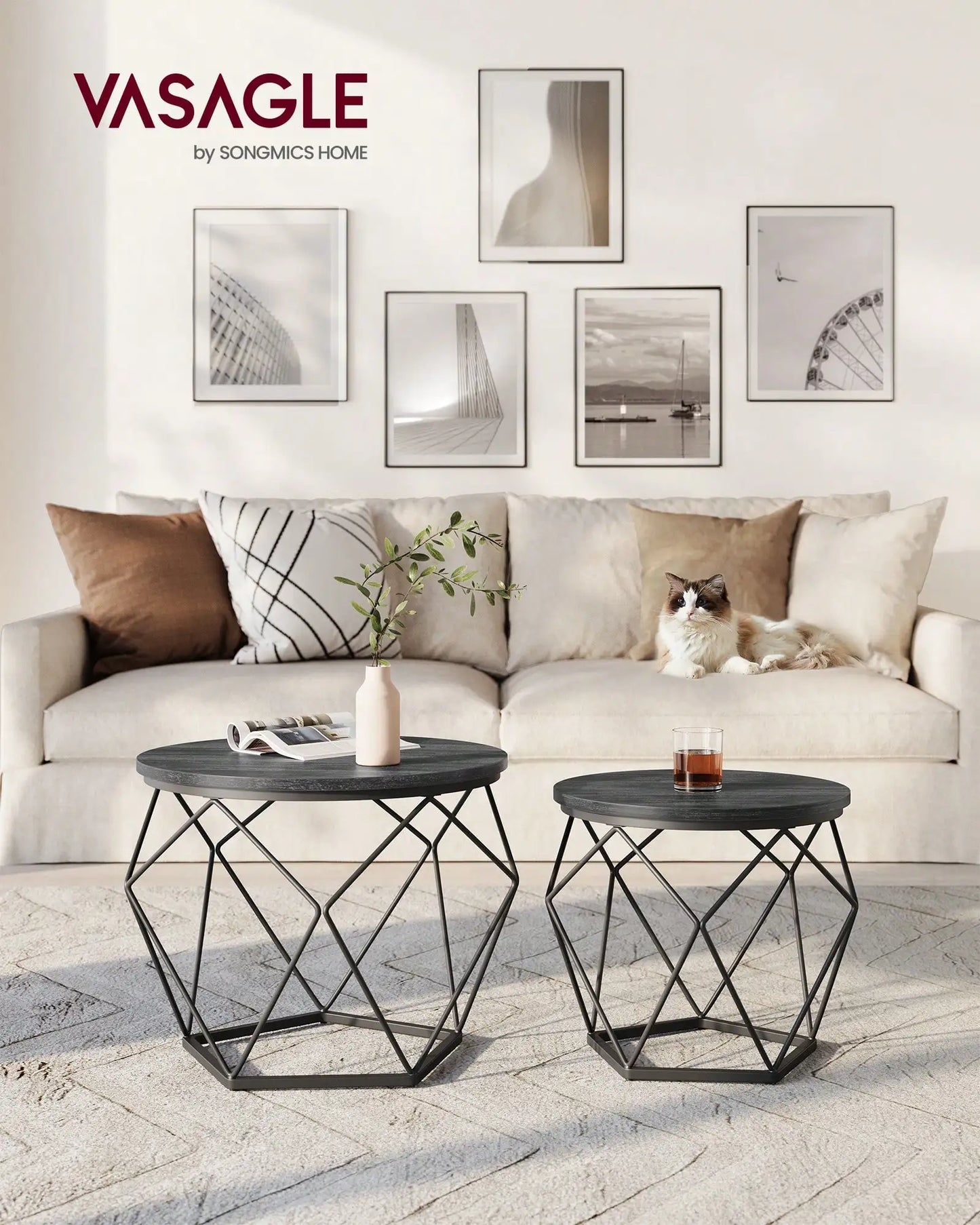 Round Coffee Table Set of 2 With Steel Frame for Living Room