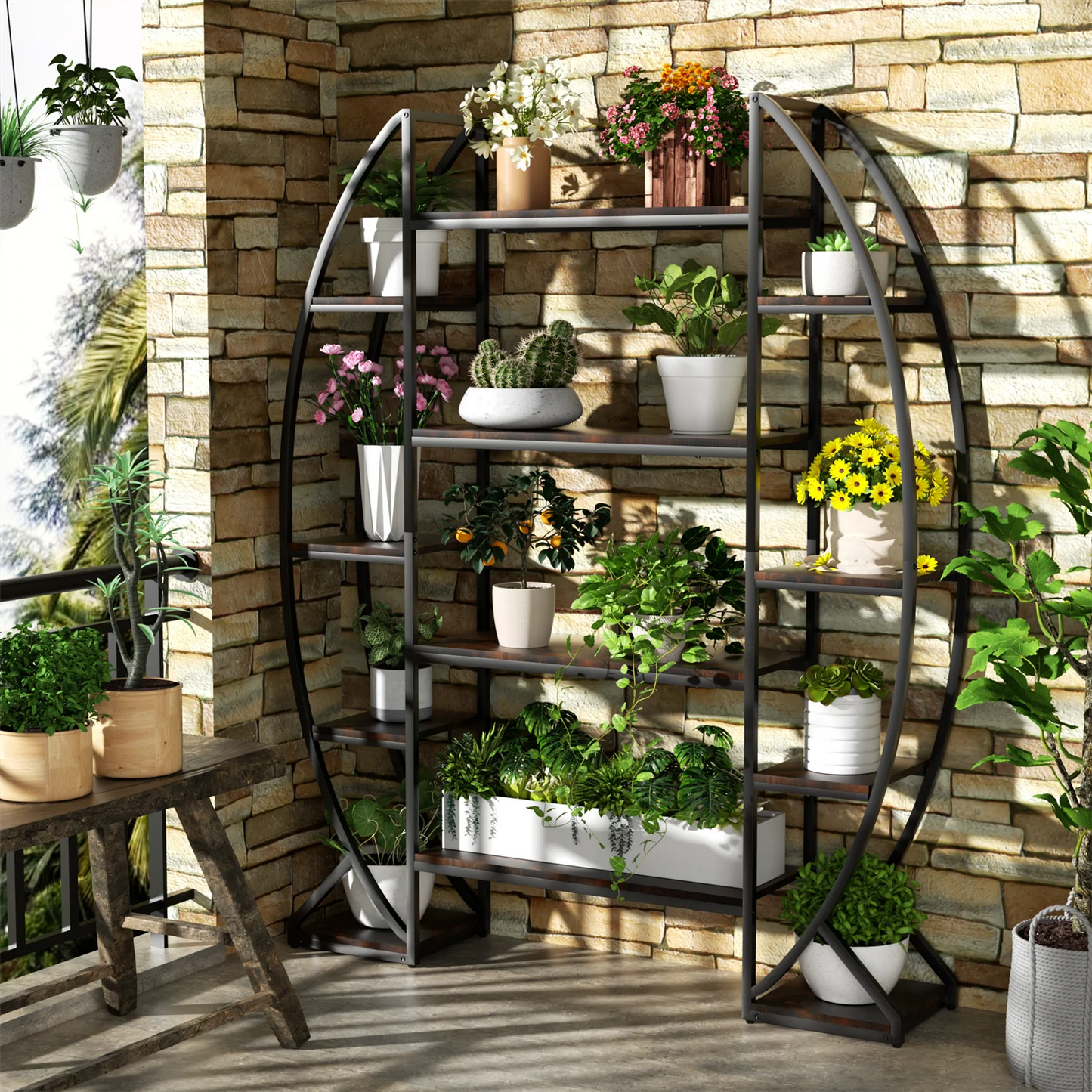 Half Moon Plant Stand Bookshelf Industrial Style Five Tier Rack