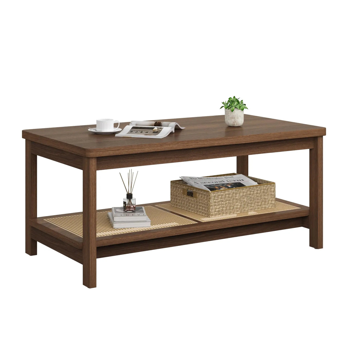 HiMISS Boho Rattan Coffee Table With Storage Shelf Two Tier