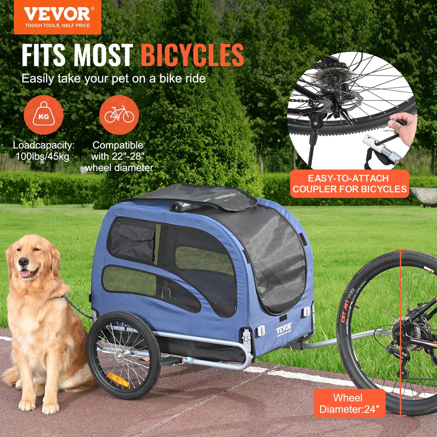 Pet Bicycle Trailer Carrier For Dogs With Collapsible Coupler Reflectors
