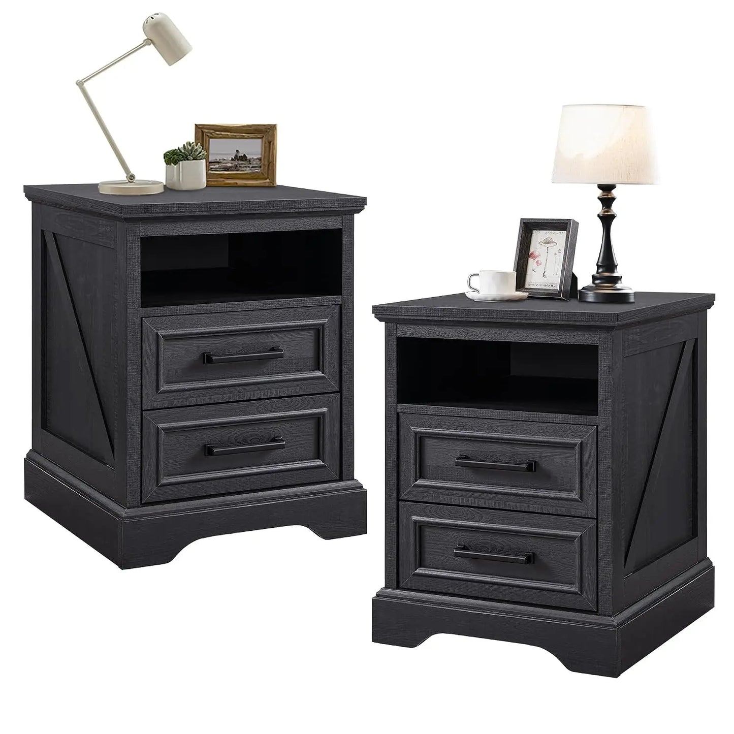 Farmhouse Nightstands Set Of Two Drawers And Charging Station