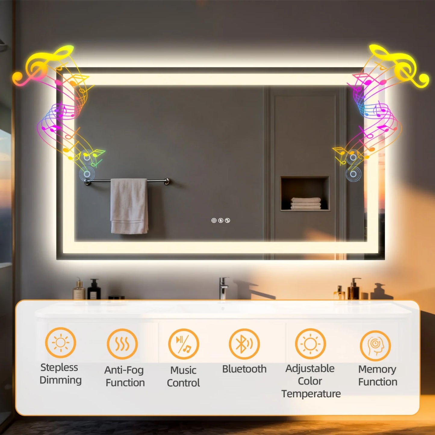 Bluetooth Bathroom Mirror With Anti Fog Dimmable Lighting And Speaker