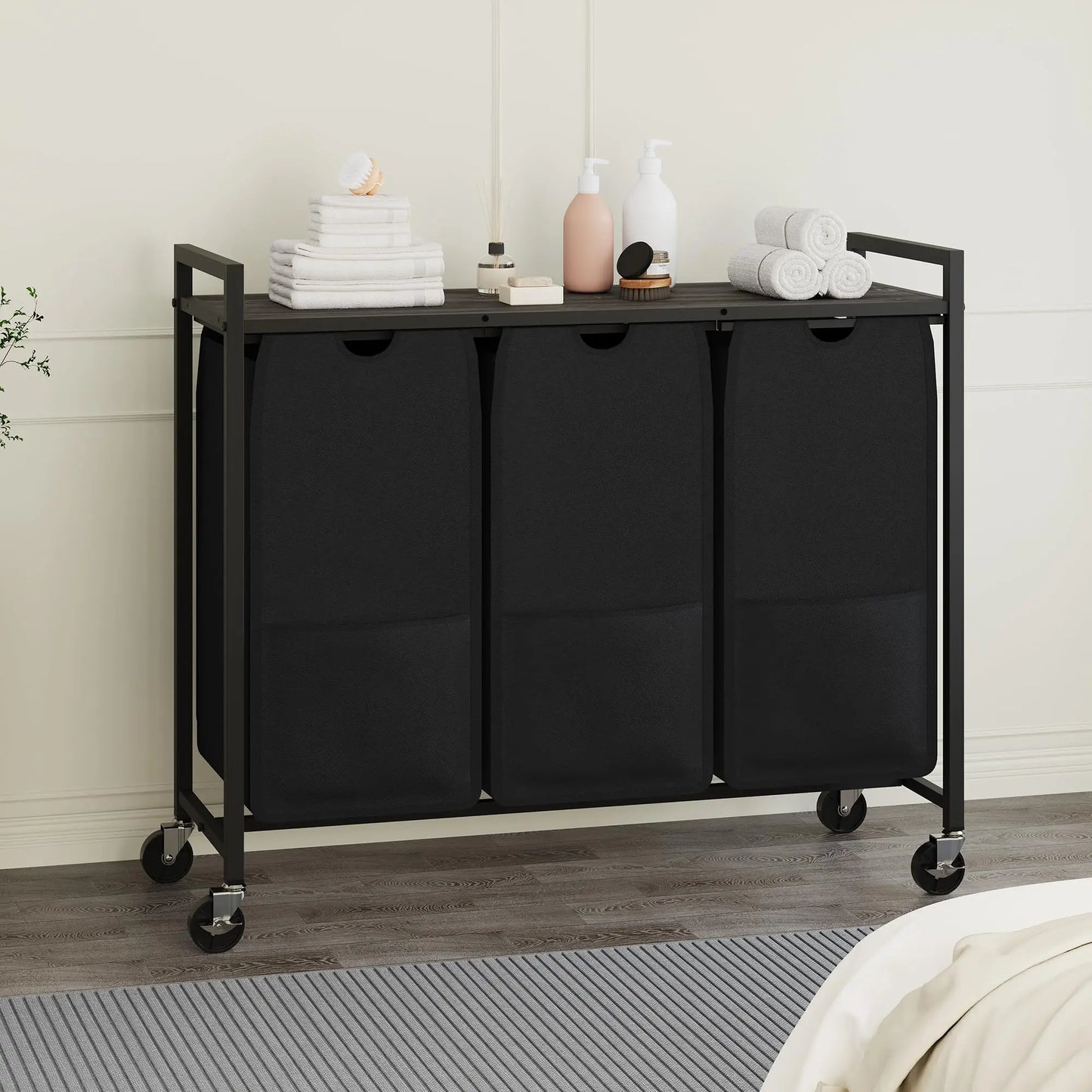 HiMISS Rolling Laundry Hamper With Shelf 3 Section Sorter