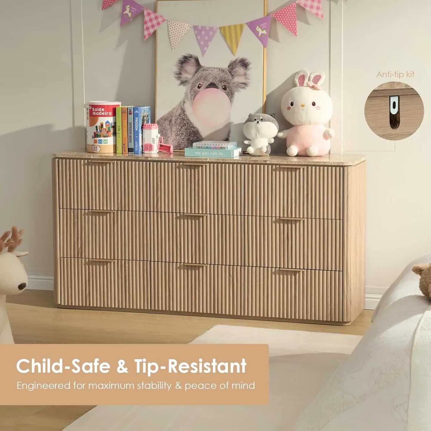 Modern Fluted 9 Drawer Dresser With Faux Marble Top And Curved Corners
