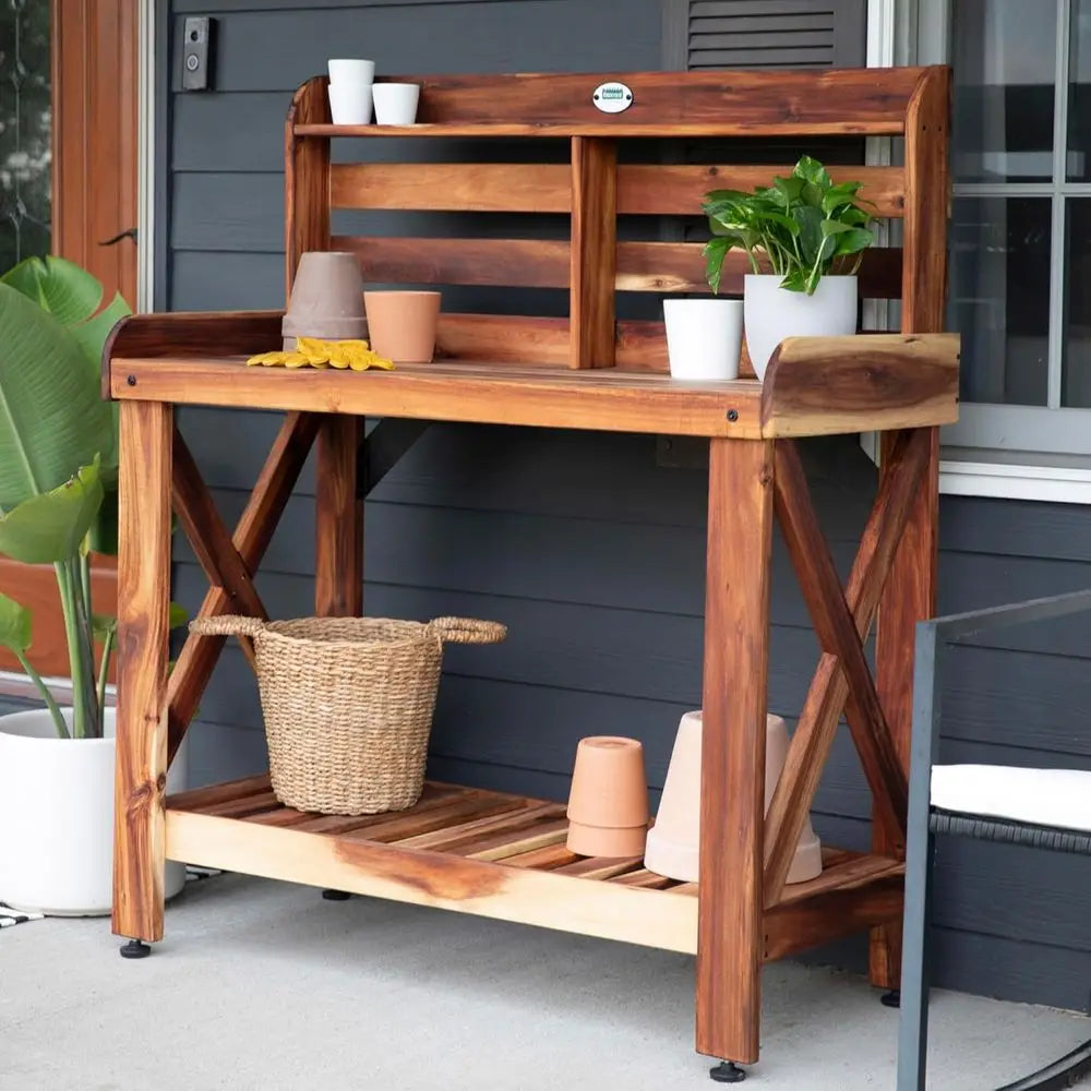 Acacia Wood Garden Potting Bench With Serving Bar Outdoor