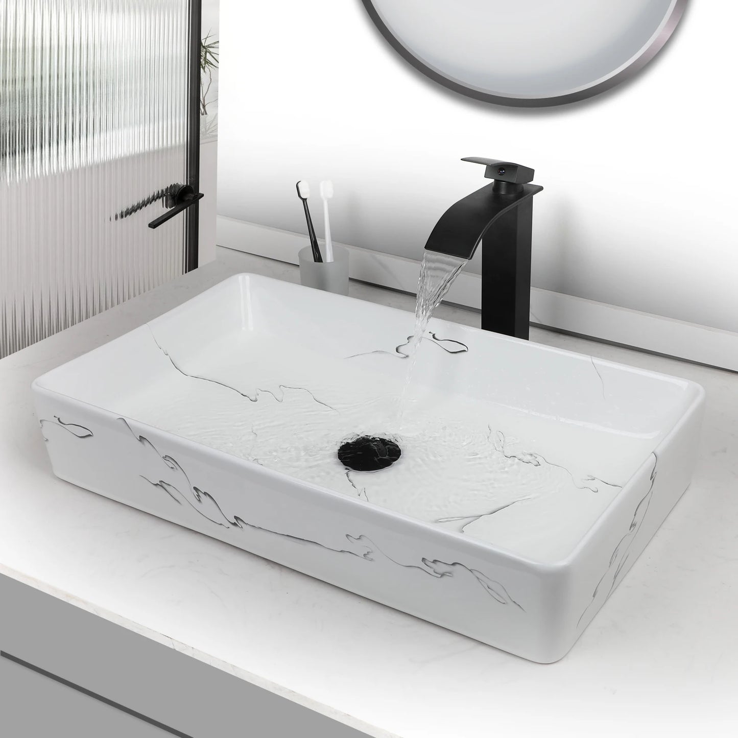 KEMAIDI Rectangular Ceramic Vessel Bathroom Sink With Drainer
