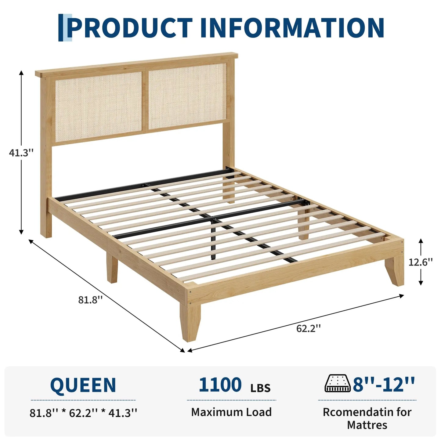 Rattan Bed Frame With LED Lights Boho Platform Bed