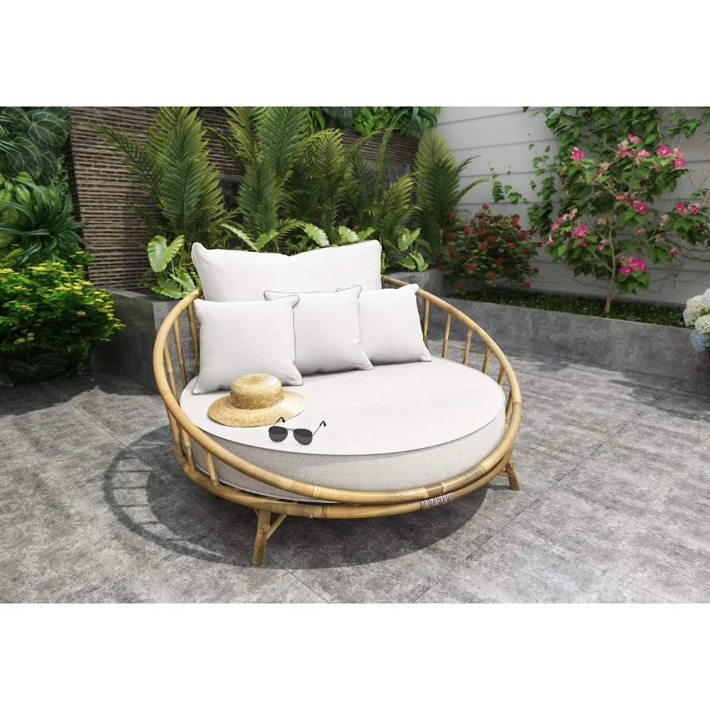 Rattan Bamboo Round Daybed Outdoor Sofa Chair Cushions And Pillows