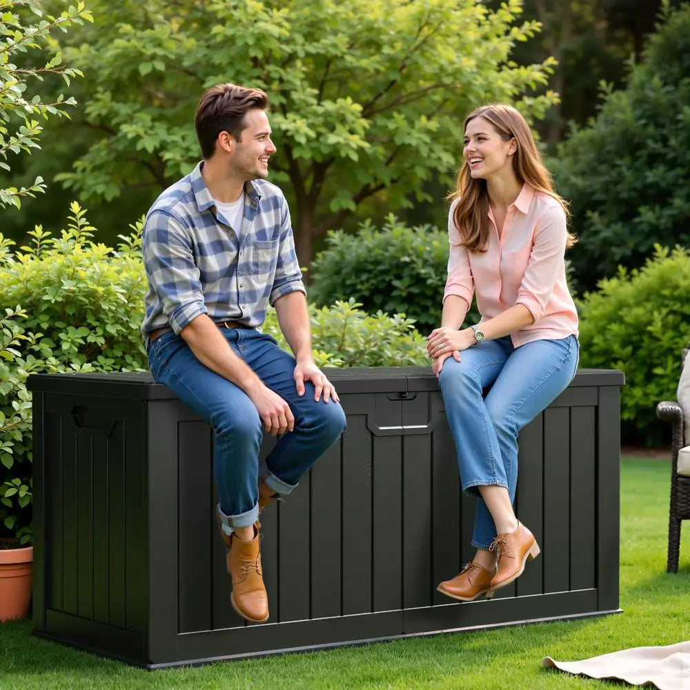 Resin Deck Box 250 Gallon, Waterproof ImitationWood Lockable Storage Box with Separator Plate Outdoor Indoor, Garden, Patio Fur