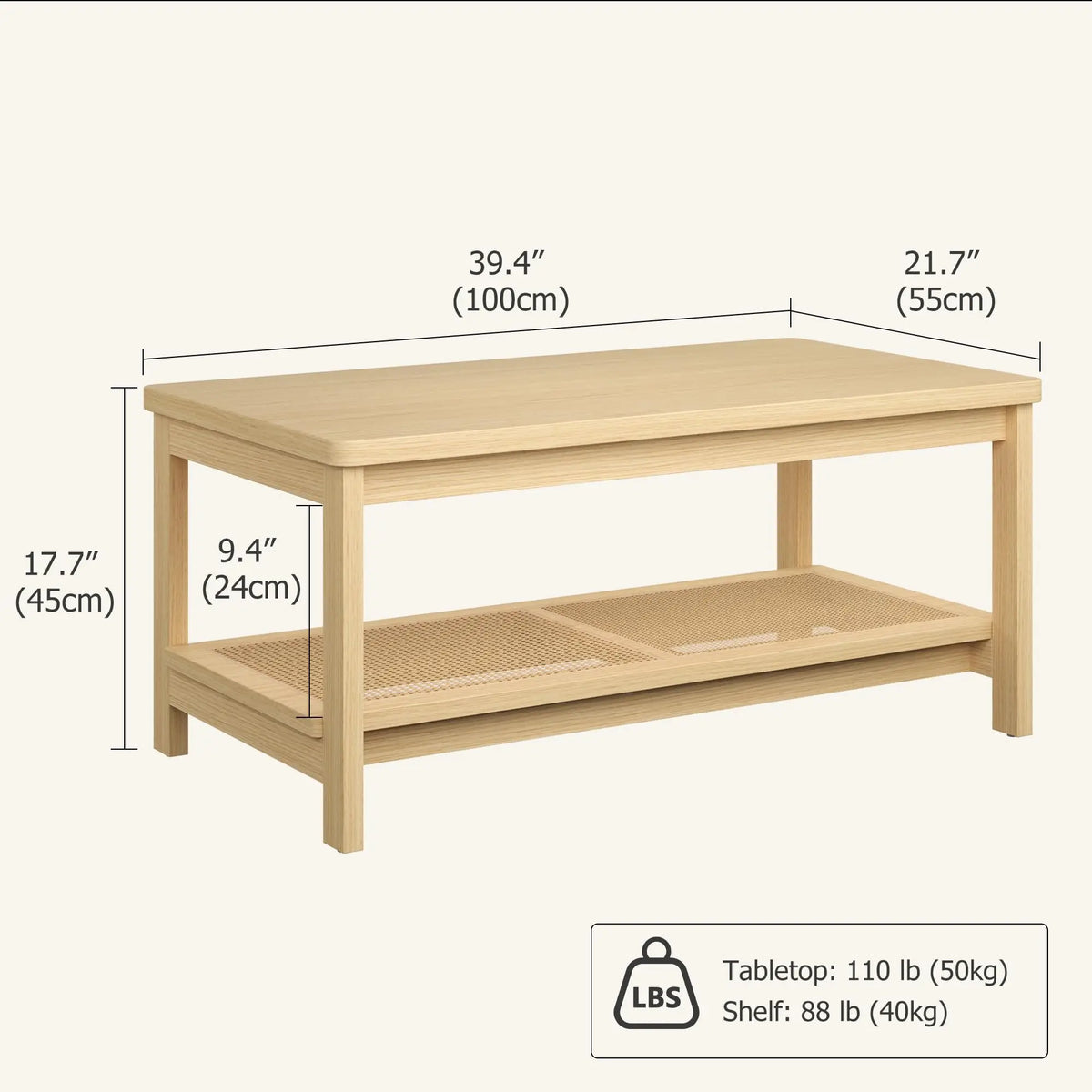 HiMISS Boho Rattan Coffee Table With Storage Shelf Two Tier