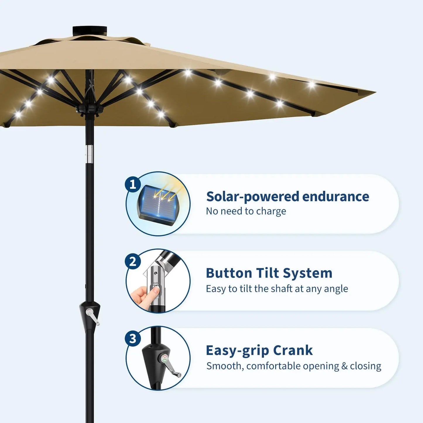 Studyset Solar Powered Patio Umbrella With 32 LED Lights Tilt