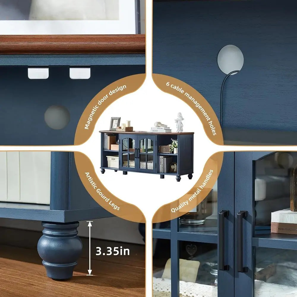 Armhouse Wood TV Stand With Glass Doors And Adjustable Shelves