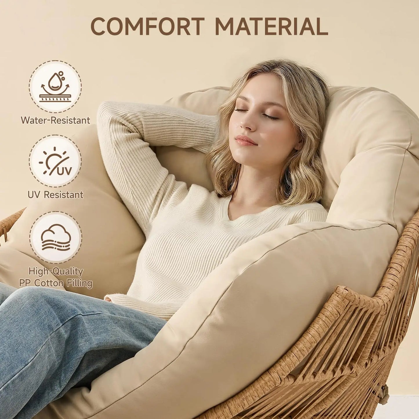 ONBRILL Papasan Rocking Chair With Ottoman Outdoor Wicker Rattan Lounge