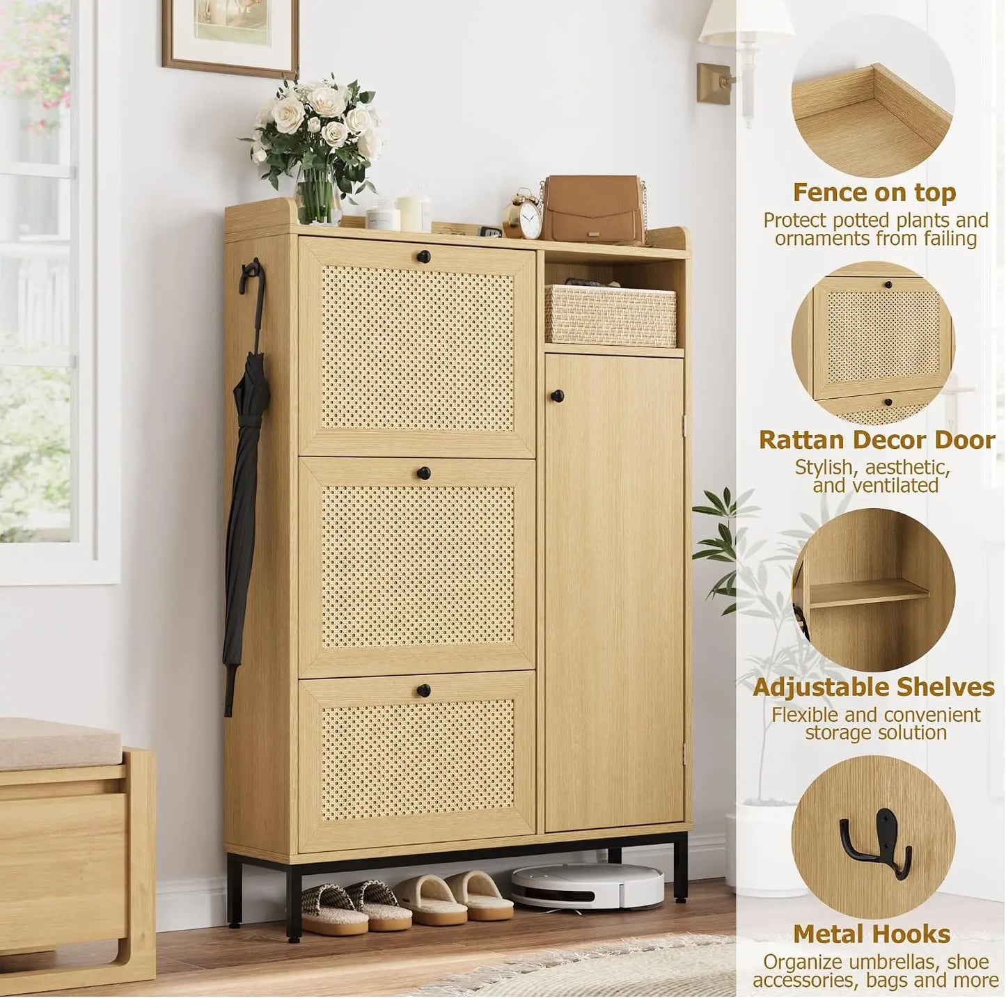Rattan Shoe Cabinet With Four Tier Storage And Flip Drawers