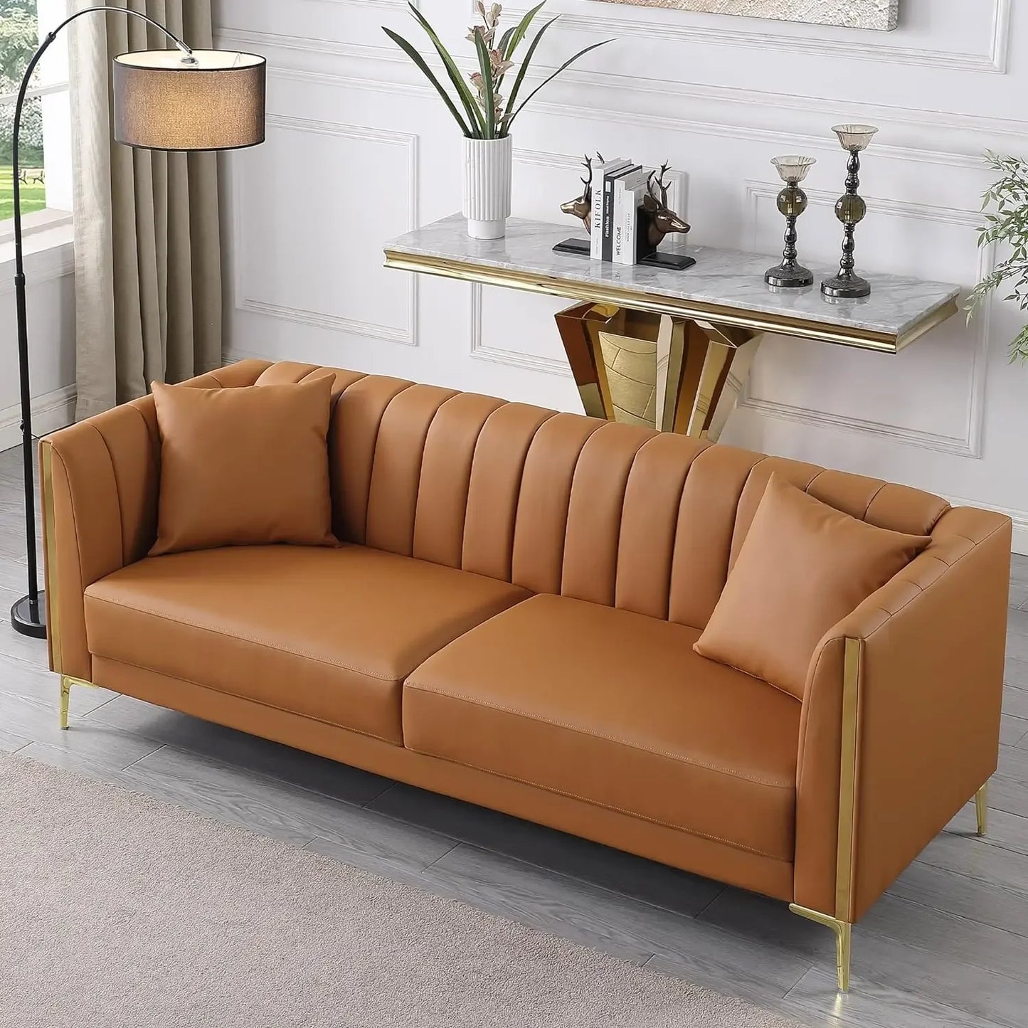 Modern Faux Leather 3 Seater Sofa With Gold Metal Legs