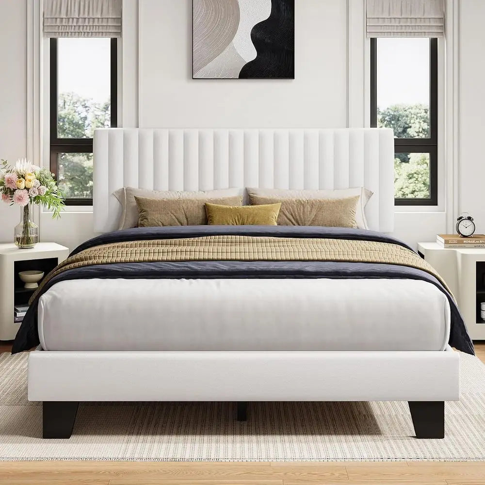LISM Upholstered Platform Bed Frame With Vertical Velvet Headboard