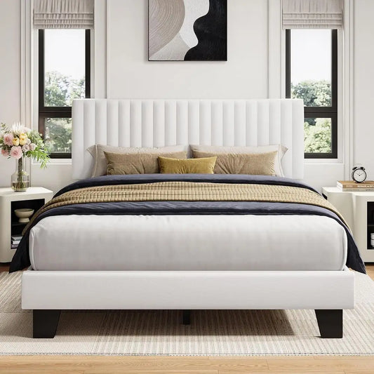 LISM Upholstered Platform Bed Frame With Vertical Velvet Headboard