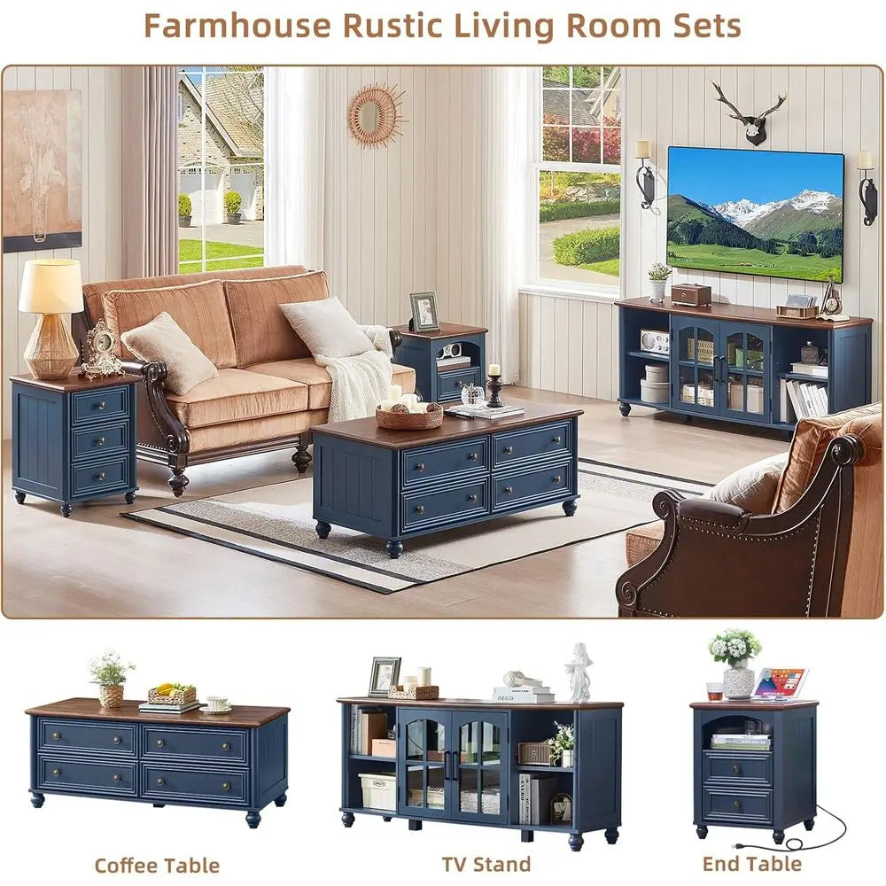 Armhouse Wood TV Stand With Glass Doors And Adjustable Shelves