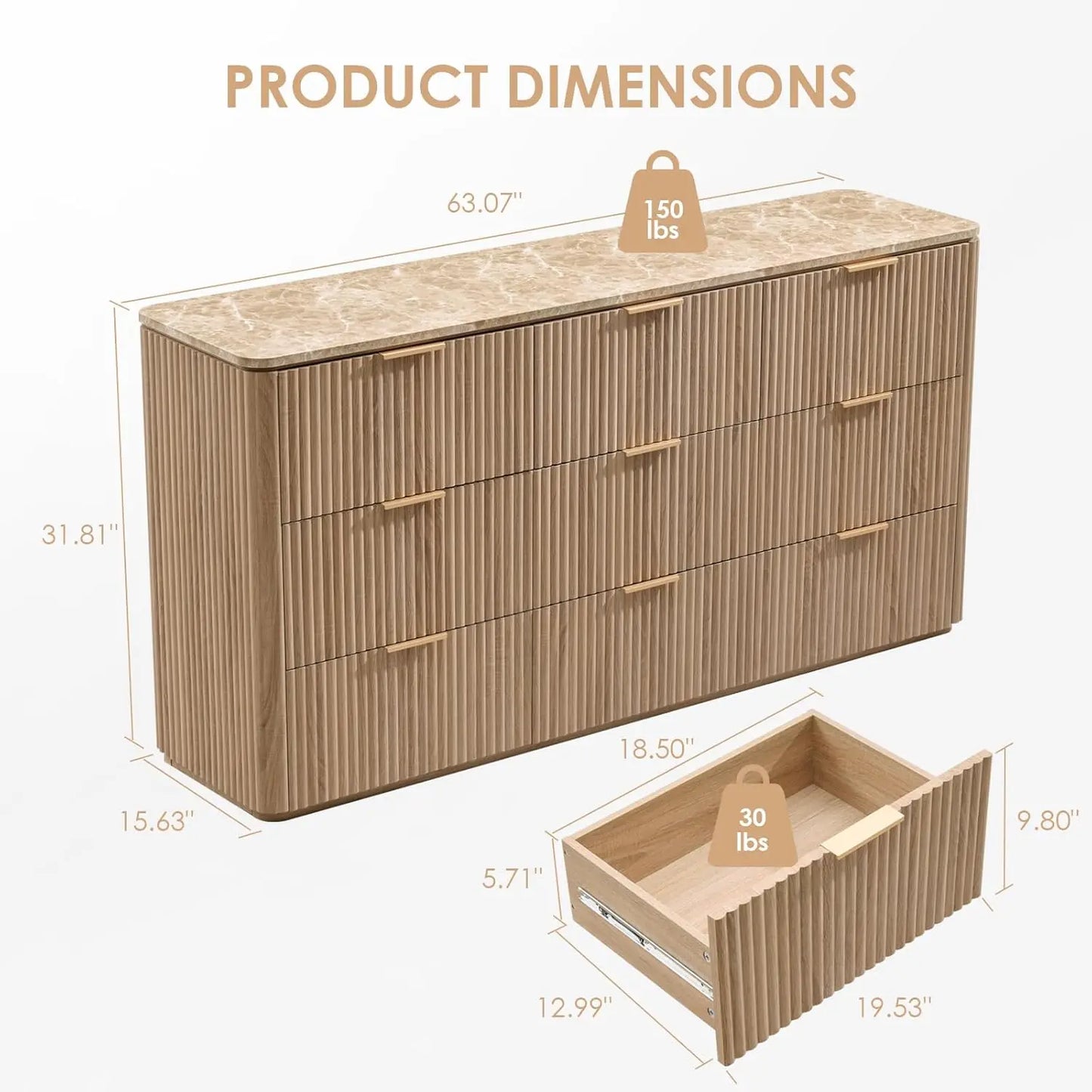 Modern Fluted 9 Drawer Dresser With Faux Marble Top And Curved Corners
