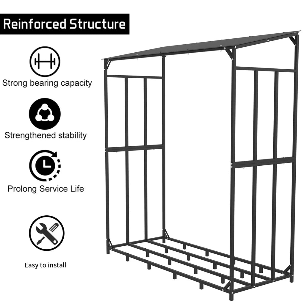 Outdoor Metal Firewood Rack and Log Storage Shed with Waterproof Roof