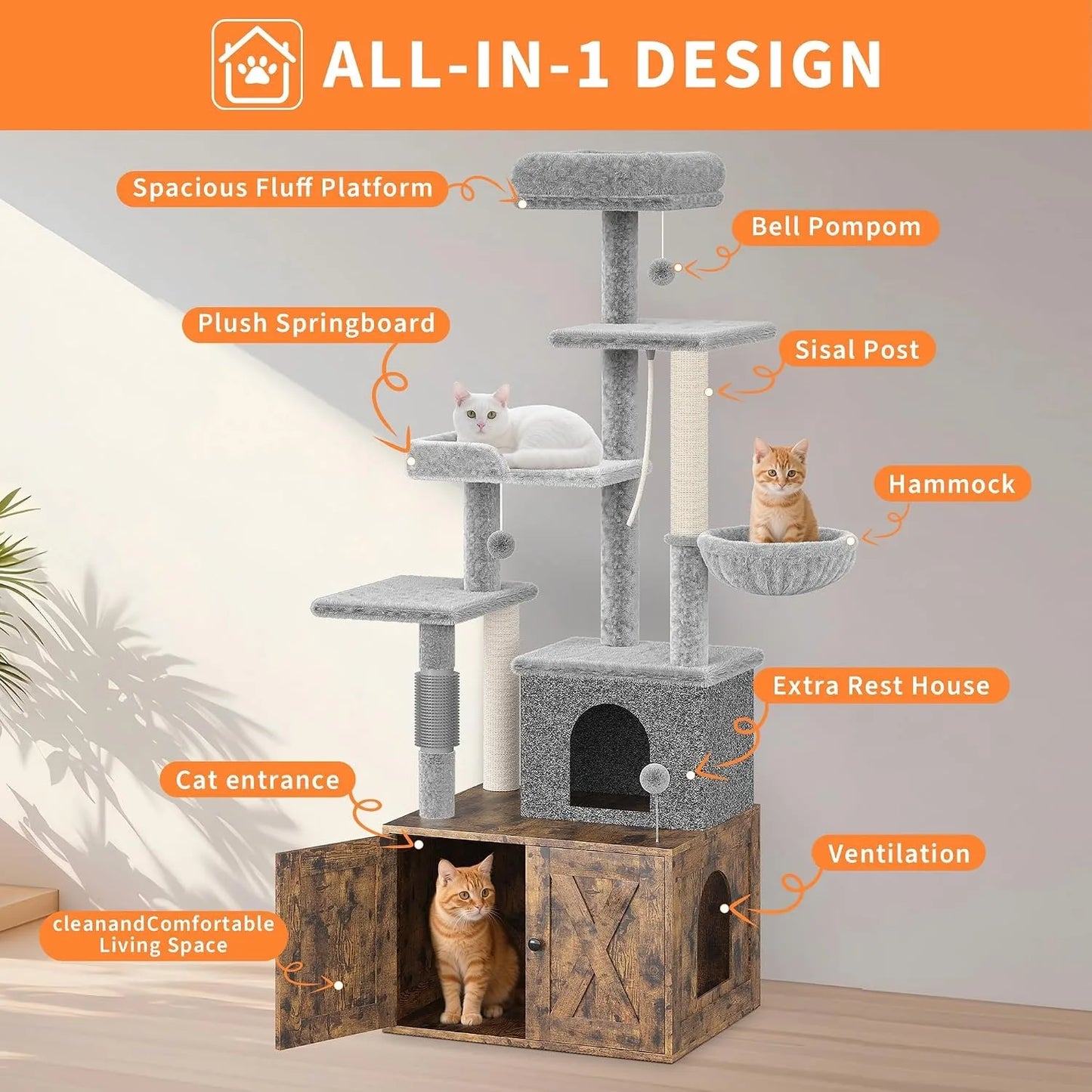Three In One Modern Cat Tree With Hidden Litter Box Enclosure And Odor Control