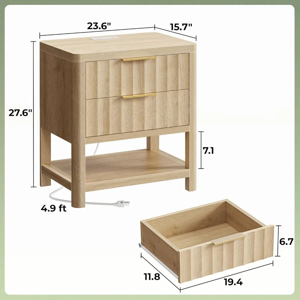 Fluted Wood Nightstands With USBC Charger Station Set Of 2