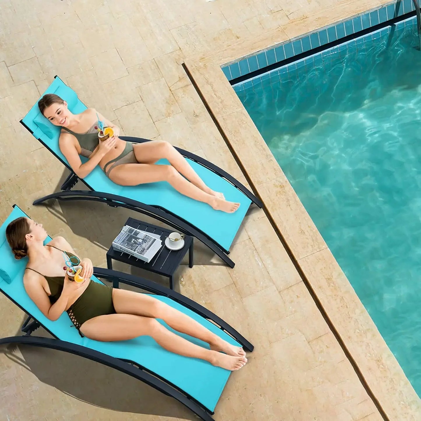 Homfa Aluminum Outdoor Lounge Chair Set With 5 Adjustable Backrests And Table