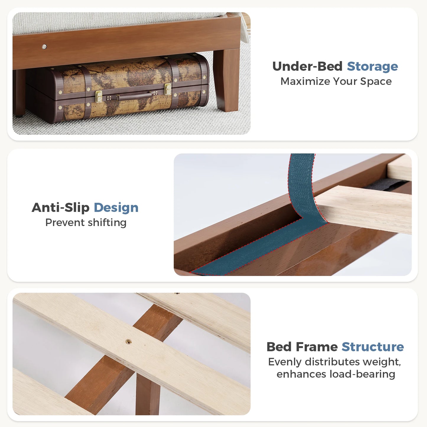 MCQ Wood Platform Bed Frame With Headboard Solid Pine Slat Support