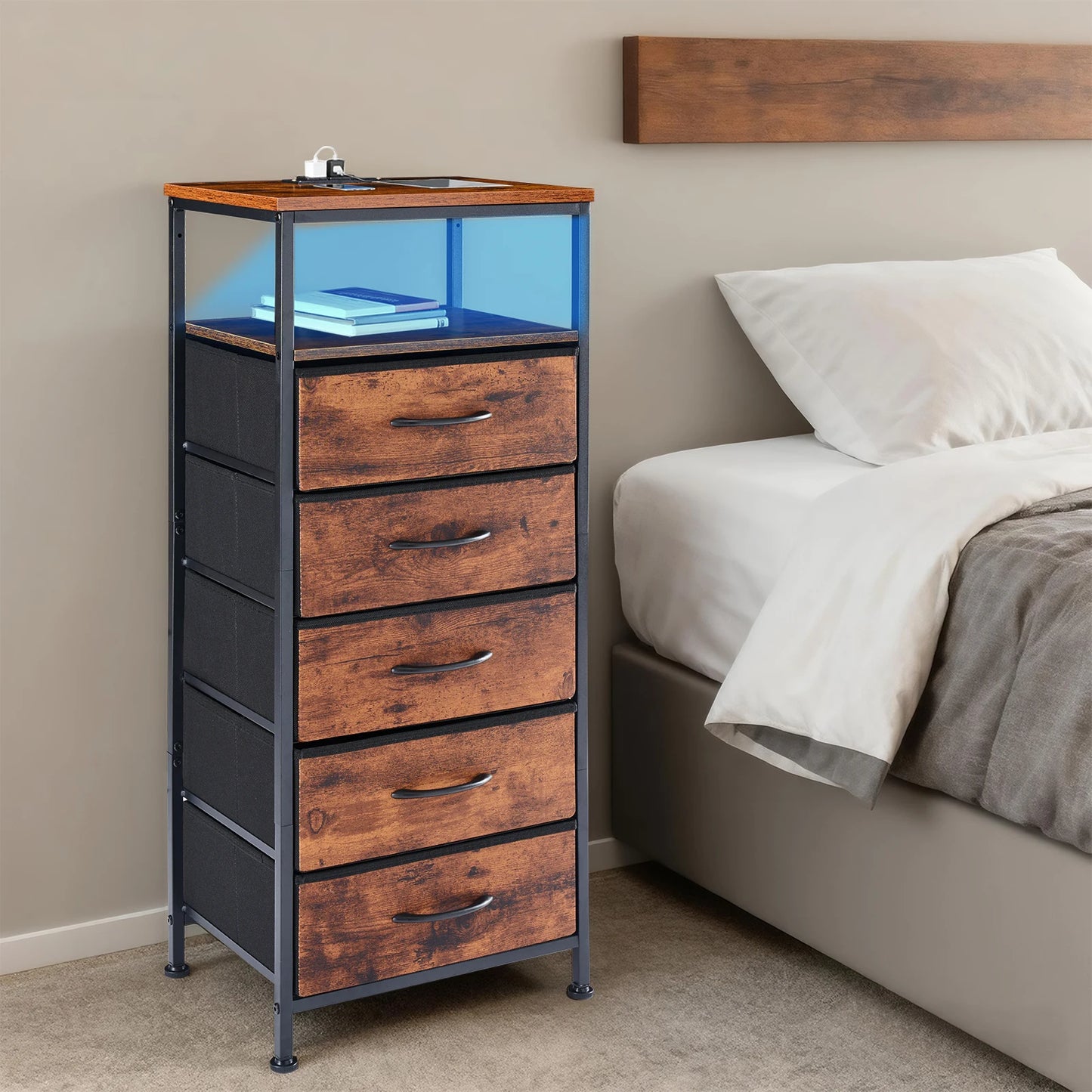 MCQ Nightstand With Fabric Drawers LED Light Strip Charging Station