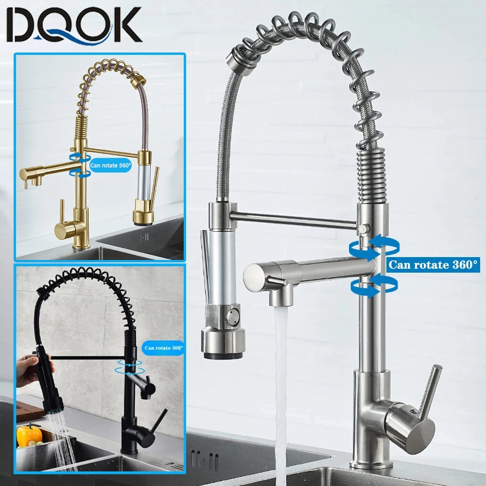 DQOK Brushed Spring Pull Down Kitchen Faucet Hot Cold Water