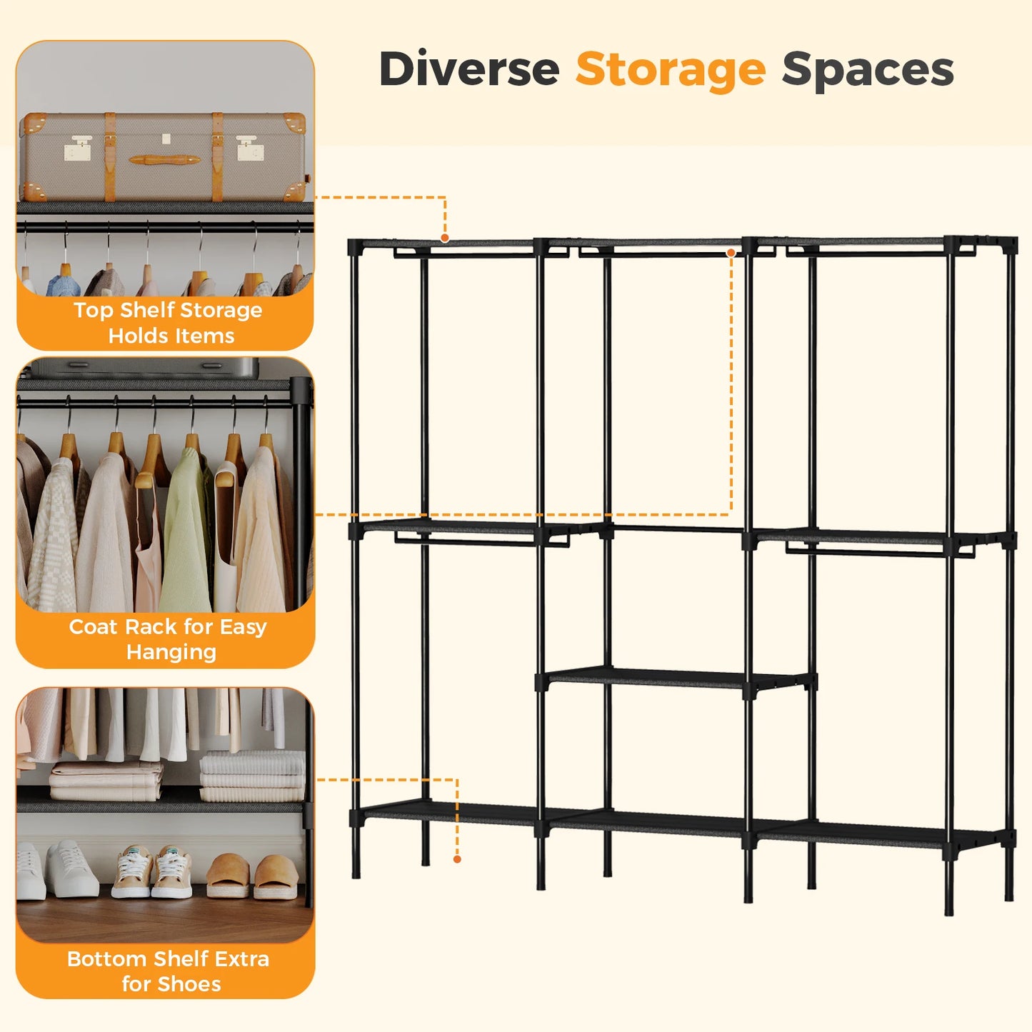 JHK Portable Wardrobe Closet With Hanging Rods And Shelves
