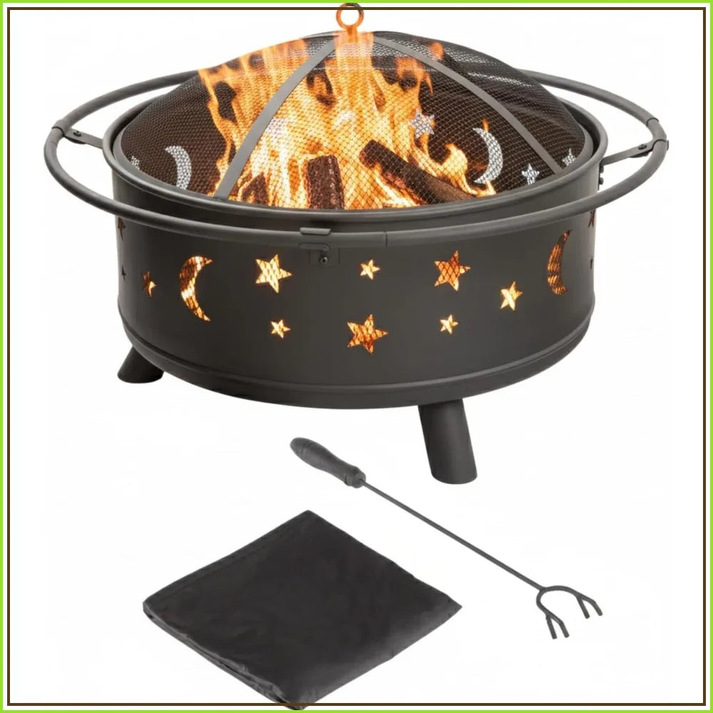Outdoor Wood Burning Fire Pit With Spark Screen Poker Cover