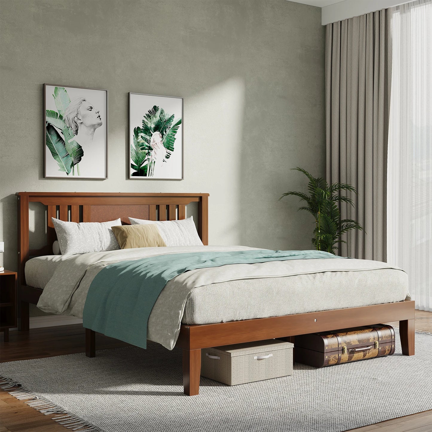 MCQ Wood Platform Bed Frame With Headboard Solid Pine Slat Support