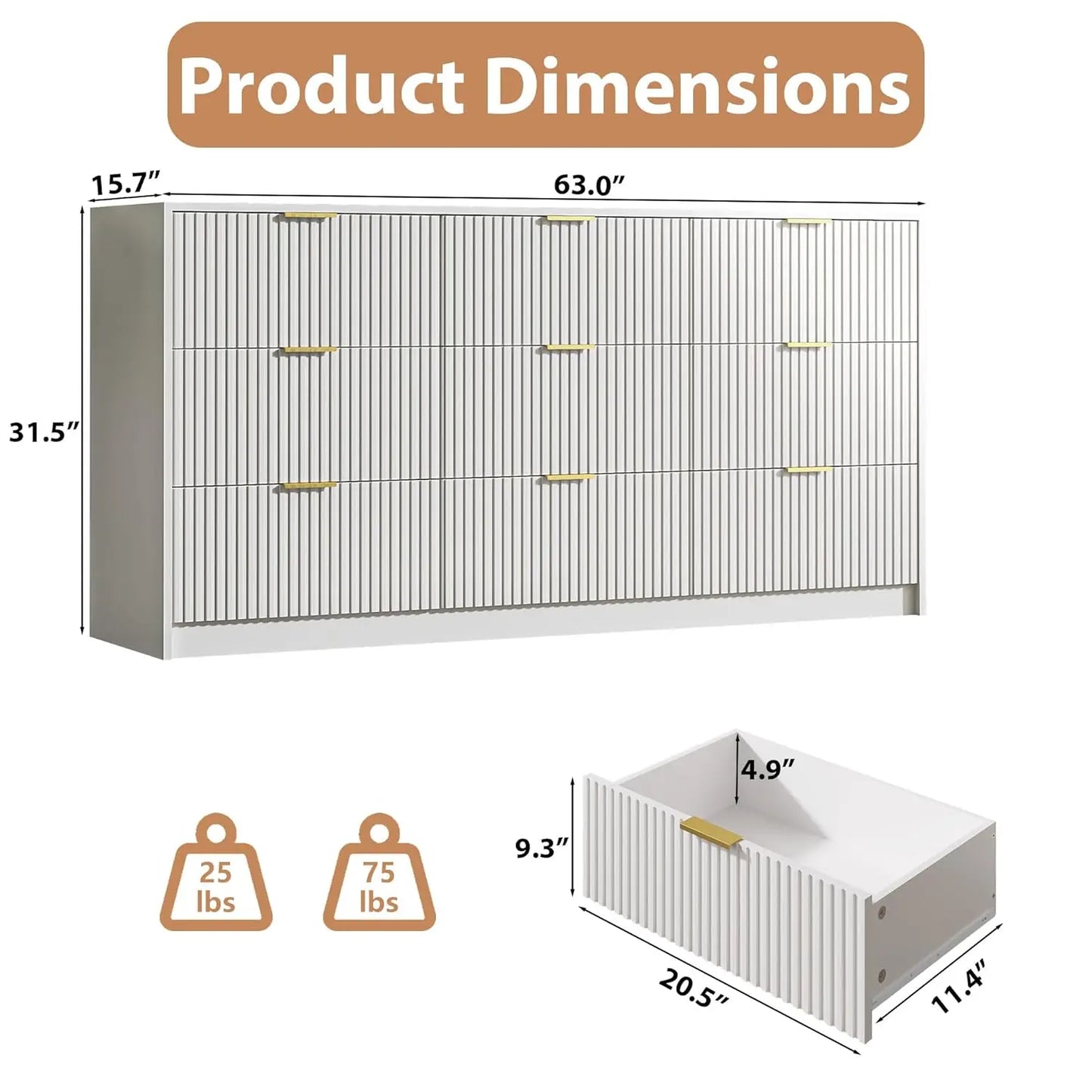 Dresser Bedroom Set With 9 Drawer Dresser And 2 Drawer Nightstands Gold Handles