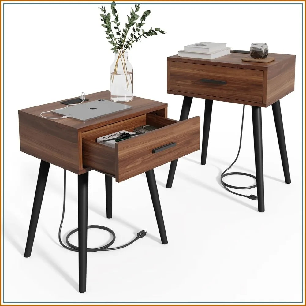 Mid Century Modern Nightstands Set of 2 With Charging Station