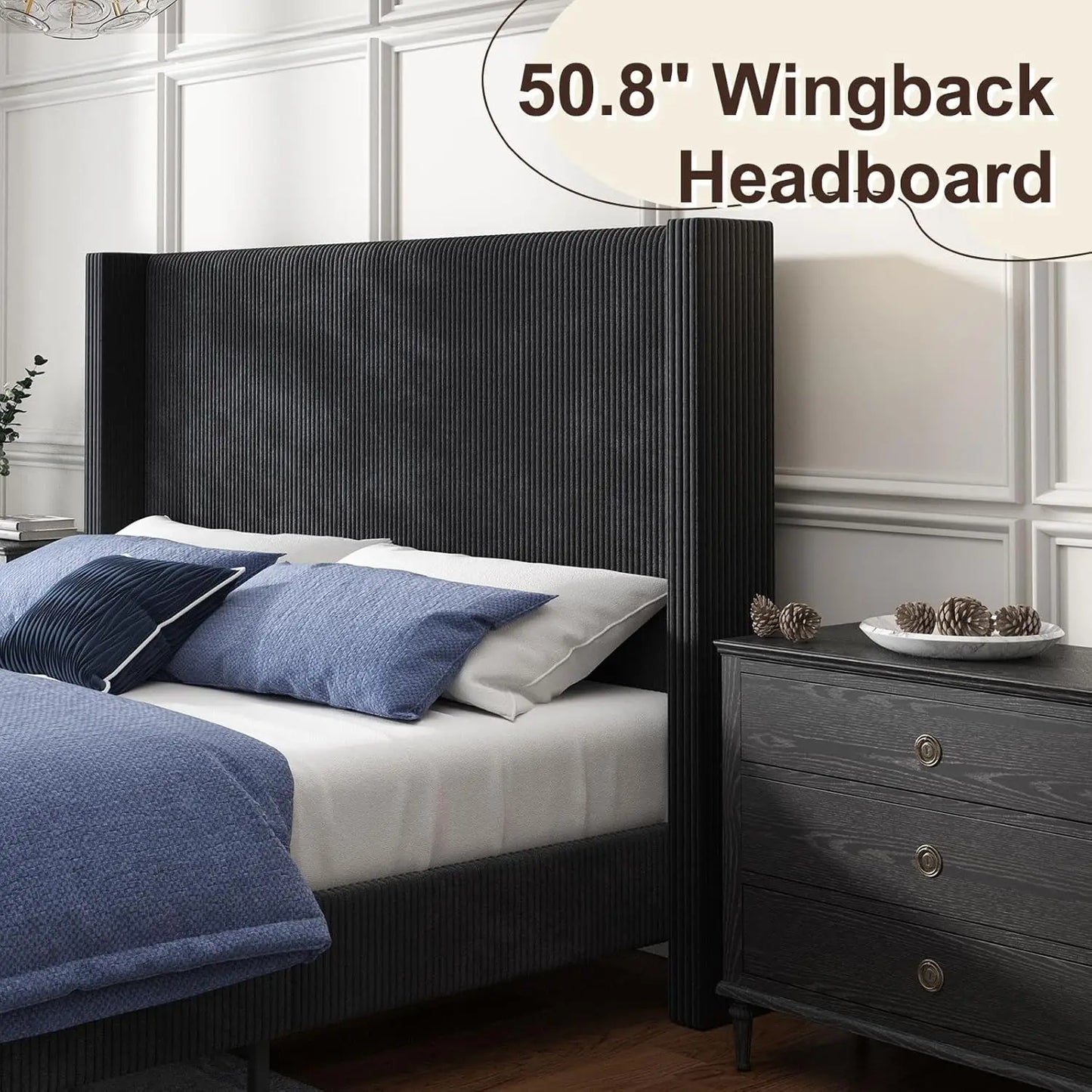 General Modern Corduroy Wingback Upholstered Bed Frame