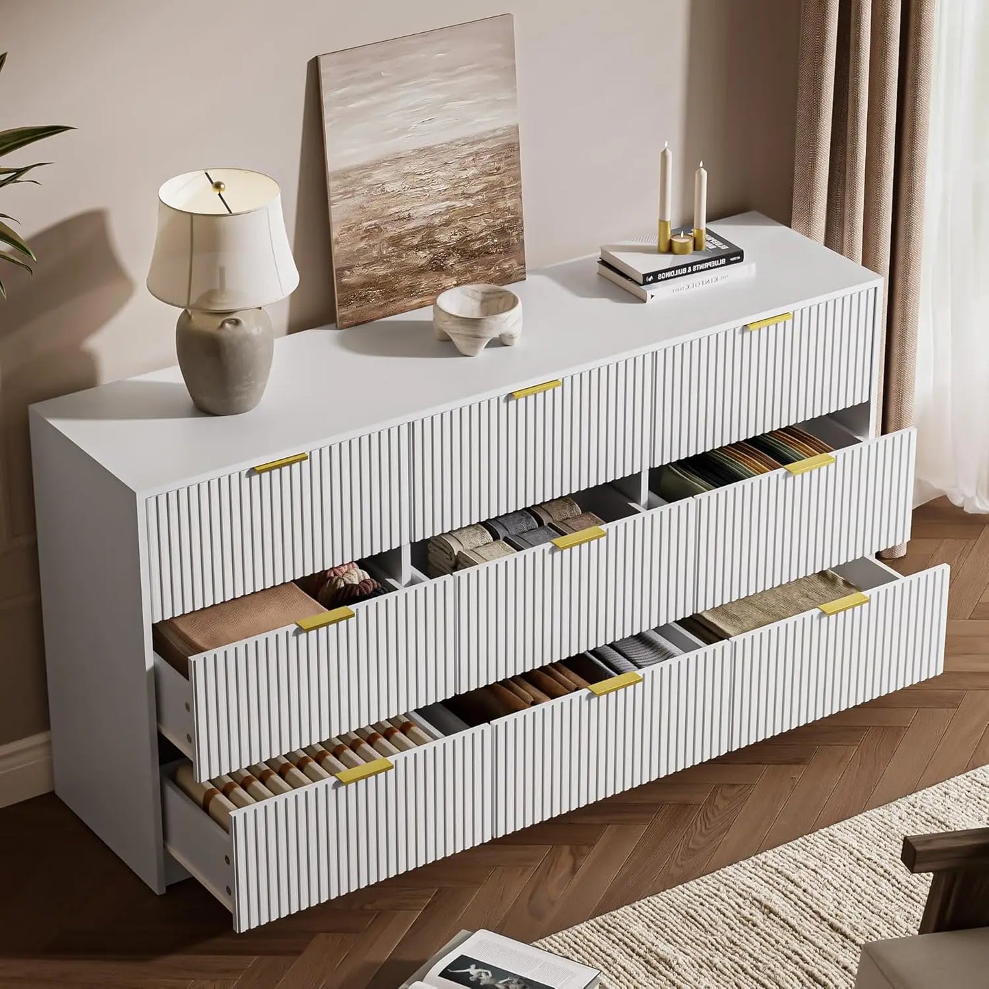 Dresser Bedroom Set With 9 Drawer Dresser And 2 Drawer Nightstands Gold Handles