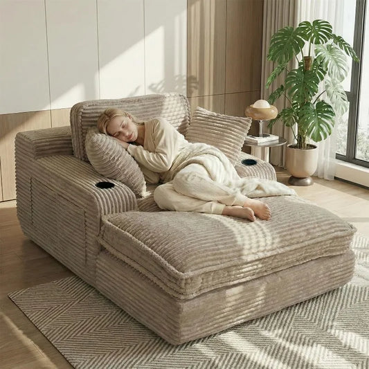 Chaise Lounge Chair Indoor Corduroy With Cup Holders And Pockets
