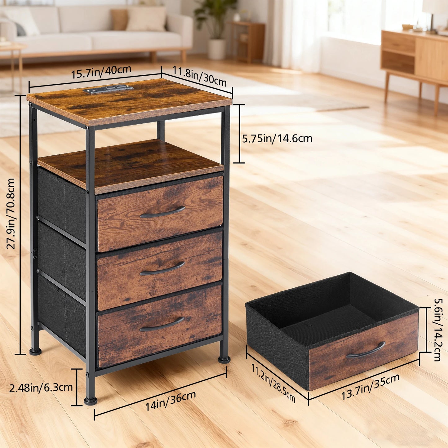 MCQ 3 Fabric Drawers Cabinet With LED Charging Station Nightstand