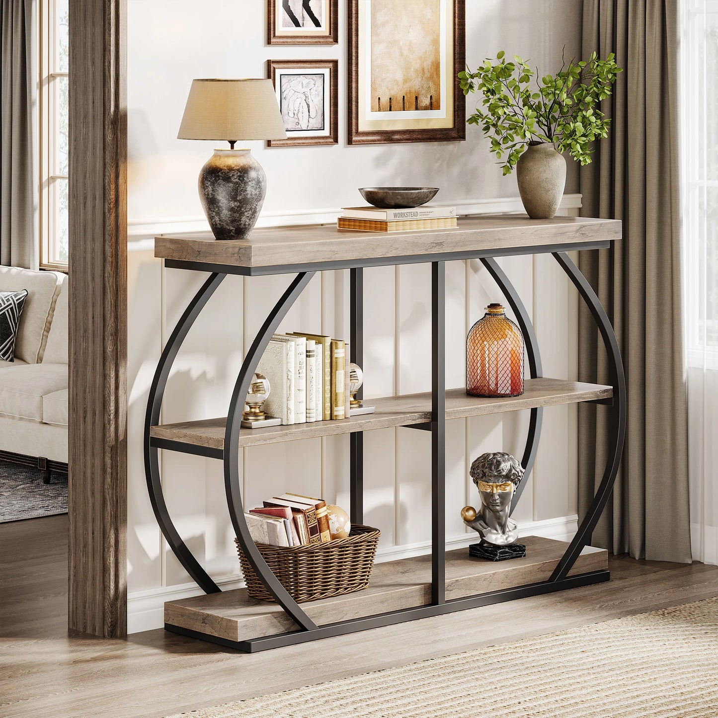 Tribesigns Industrial Console Table Arched Metal Frame With Storage Shelves