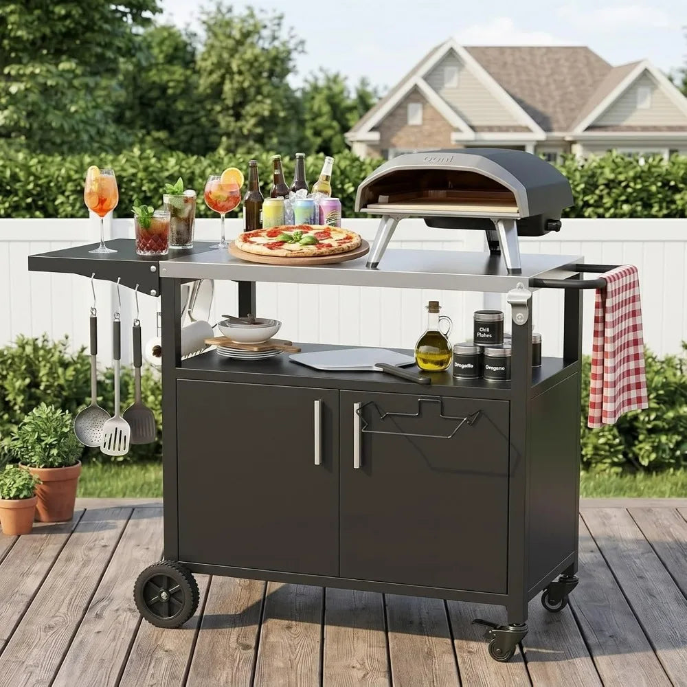 Outdoor Grill Cart Storage Kitchen Island With Foldable Steel Top