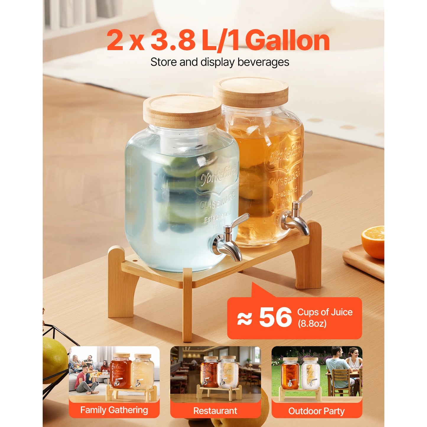 SucceBuy Glass Beverage Dispenser With Wood Stand Dual Cylinder