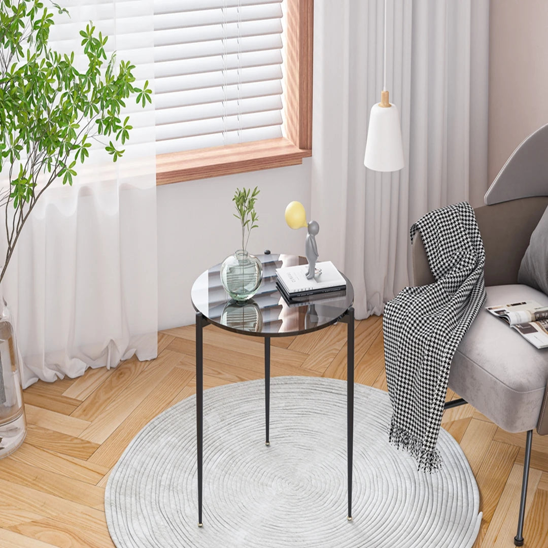 Modern Tempered Glass Round Side Table With Metal Frame