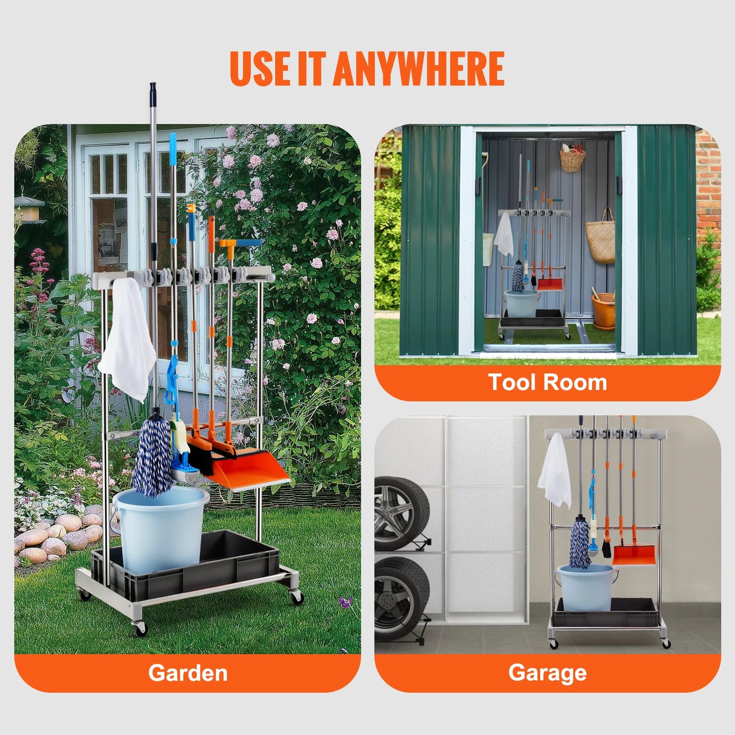 SucceBuy Garden Tool Organizer Tower Rack With Hooks And Wheels