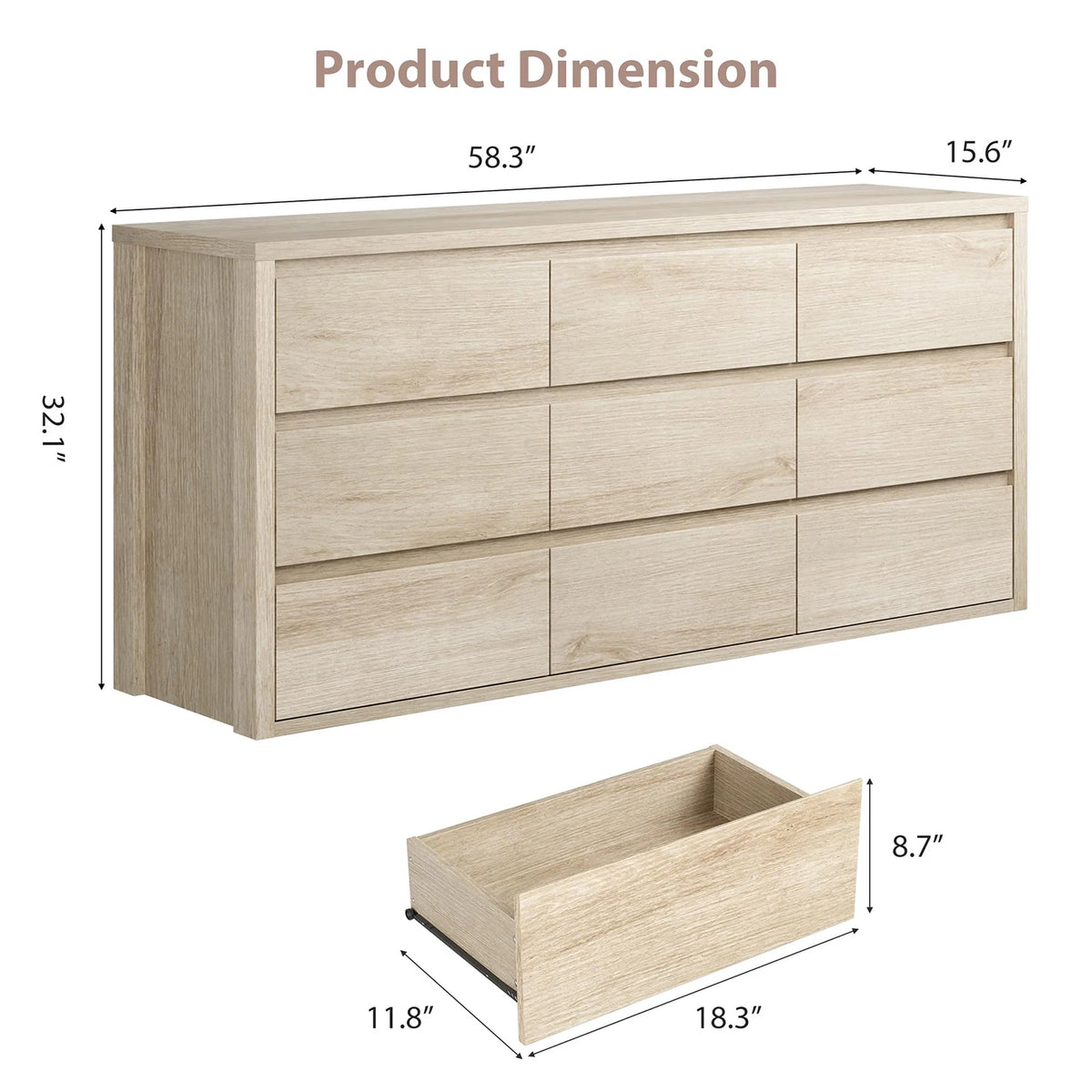 Acekool Modern Wood Dresser With 9 Drawers And Handleless Design