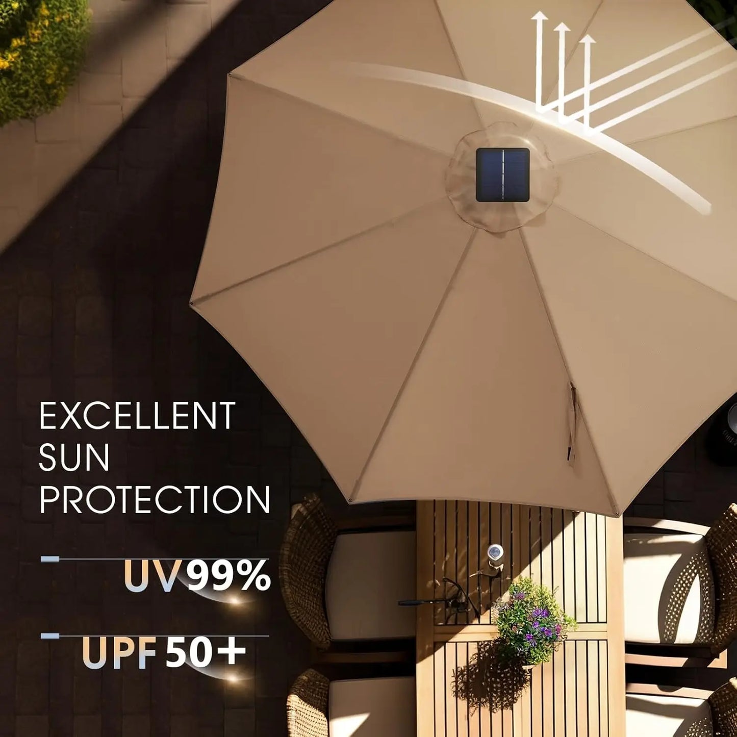 Solar Powered Patio Umbrella With Base And 32 LED Lights