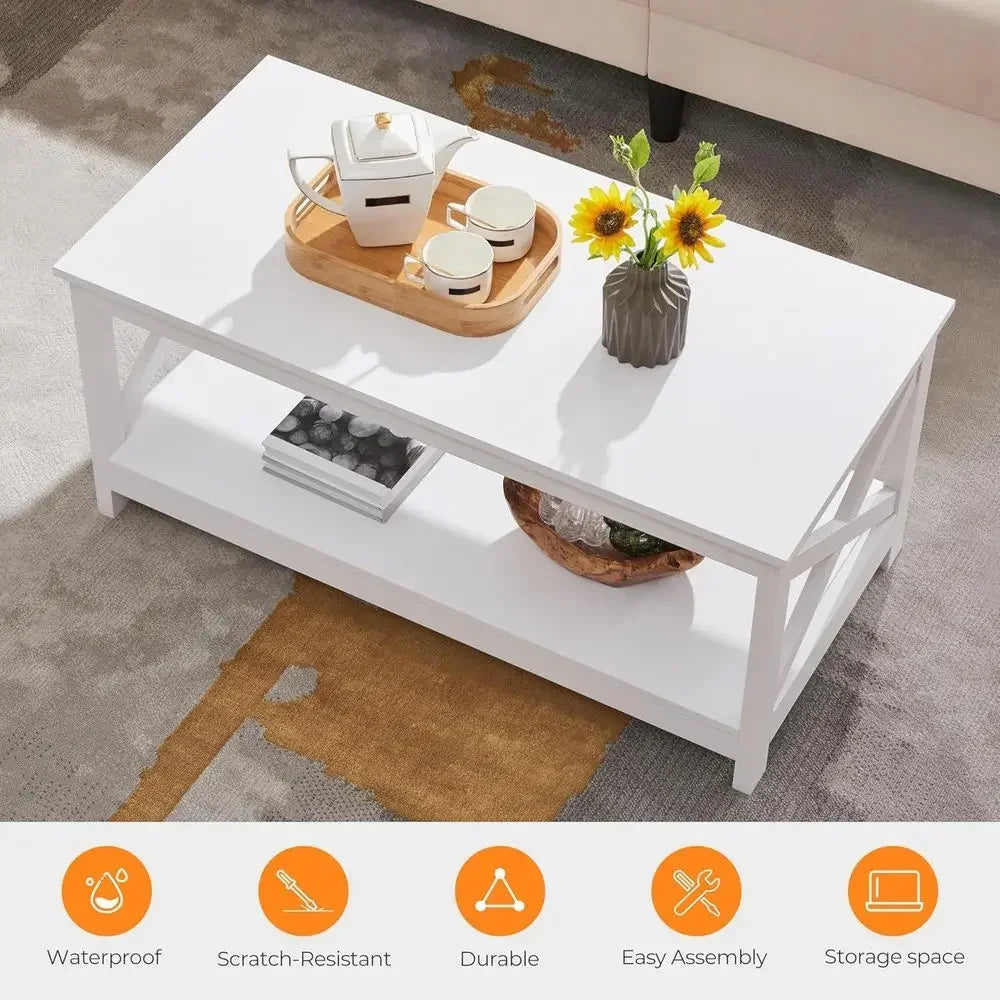 Two Tier Wood Coffee Table With Storage Shelves Living Room